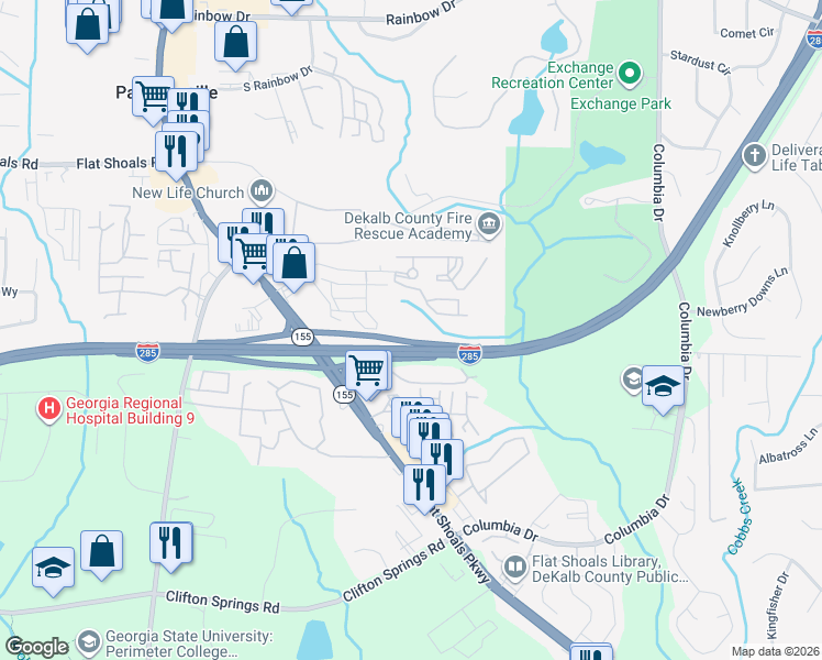 map of restaurants, bars, coffee shops, grocery stores, and more near 3760 Flat Shoals Parkway in Decatur