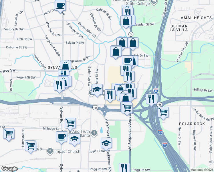map of restaurants, bars, coffee shops, grocery stores, and more near 2006 Brewer Boulevard Southwest in Atlanta