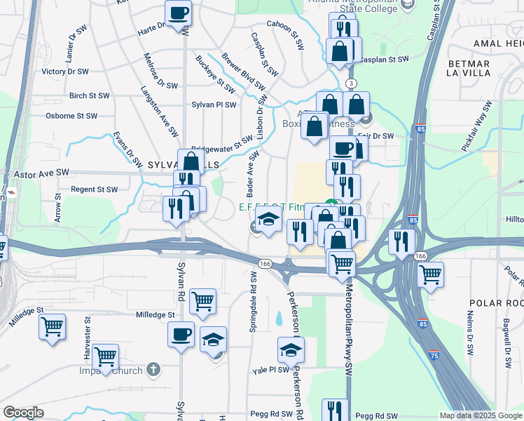 map of restaurants, bars, coffee shops, grocery stores, and more near 2047 Brewer Boulevard Southwest in Atlanta