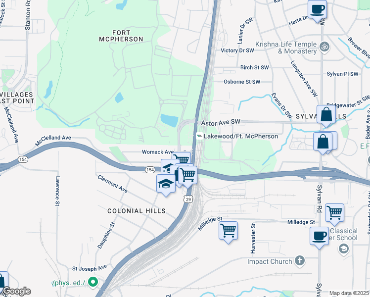 map of restaurants, bars, coffee shops, grocery stores, and more near 1259 Womack Avenue in Atlanta