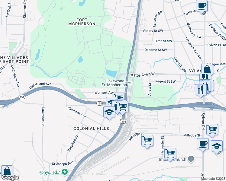 map of restaurants, bars, coffee shops, grocery stores, and more near 1295 Womack Avenue in Atlanta