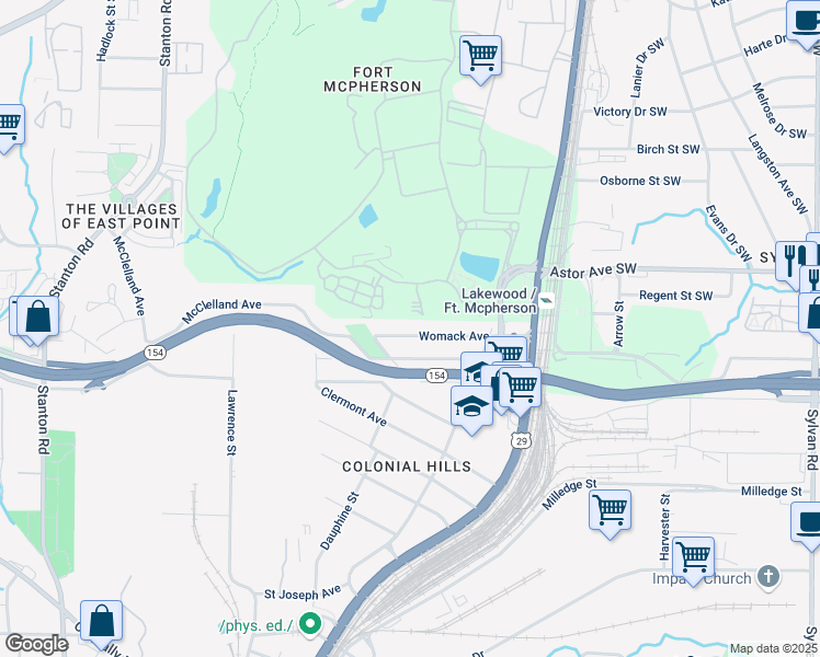 map of restaurants, bars, coffee shops, grocery stores, and more near 1385 Womack Avenue in East Point