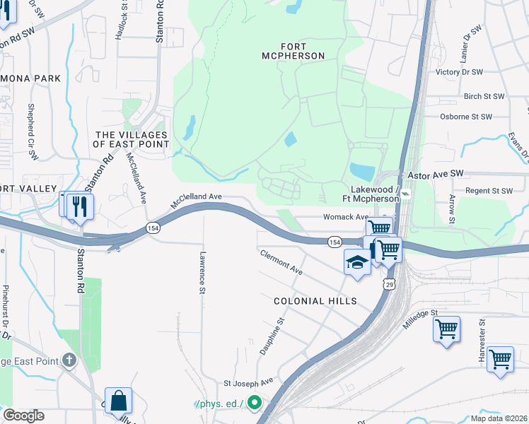 map of restaurants, bars, coffee shops, grocery stores, and more near 1487 McClelland Avenue in East Point