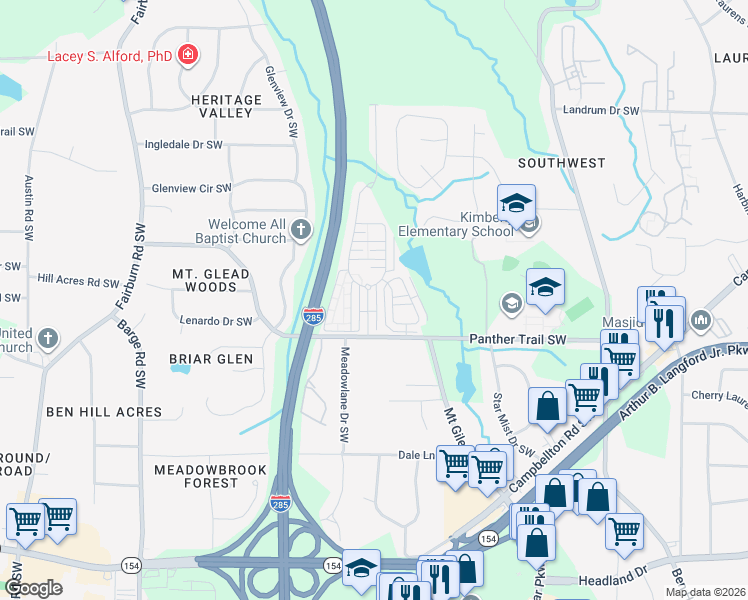 map of restaurants, bars, coffee shops, grocery stores, and more near 3270 Cascade Parc Boulevard Southwest in Atlanta