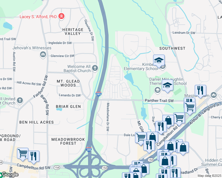 map of restaurants, bars, coffee shops, grocery stores, and more near 3379 Parc Drive Southwest in Atlanta