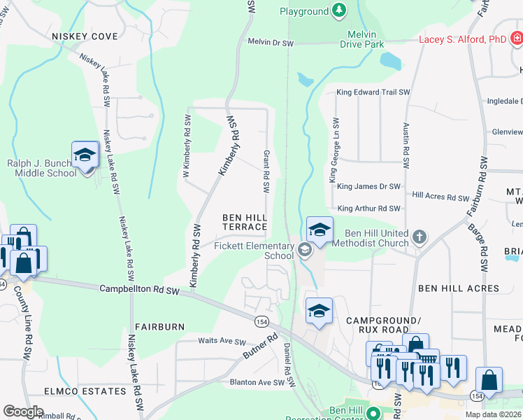 map of restaurants, bars, coffee shops, grocery stores, and more near 2039 Grant Road Southwest in Atlanta