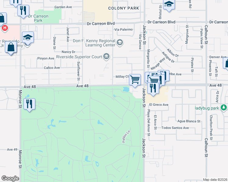 map of restaurants, bars, coffee shops, grocery stores, and more near 82835 Crawford Drive in Indio