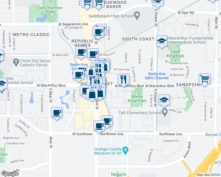 map of restaurants, bars, coffee shops, grocery stores, and more near 1040 West MacArthur Boulevard in Santa Ana