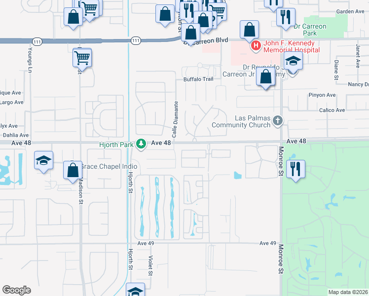 map of restaurants, bars, coffee shops, grocery stores, and more near 81641 Avenue 48 in Indio