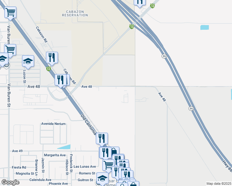 map of restaurants, bars, coffee shops, grocery stores, and more near 84845 Avenue 48 in Coachella