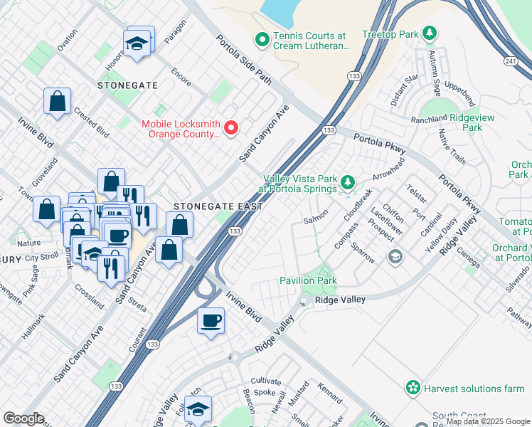map of restaurants, bars, coffee shops, grocery stores, and more near 65 Plateau in Irvine