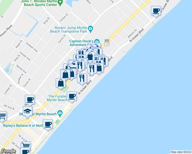 map of restaurants, bars, coffee shops, grocery stores, and more near 1900 North Ocean Boulevard in Myrtle Beach
