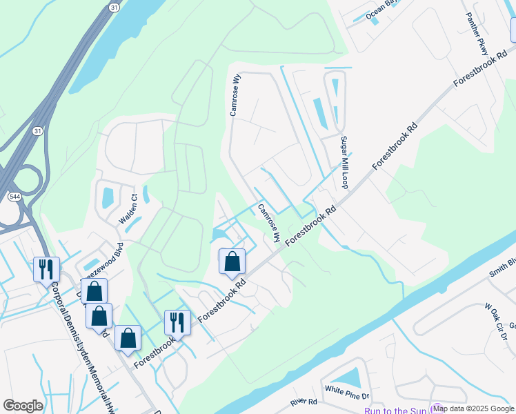 map of restaurants, bars, coffee shops, grocery stores, and more near 100 Camrose Way in Myrtle Beach