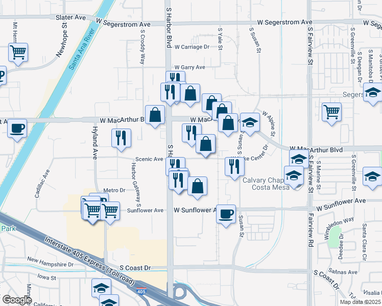 map of restaurants, bars, coffee shops, grocery stores, and more near 3503 South Harbor Boulevard in Santa Ana