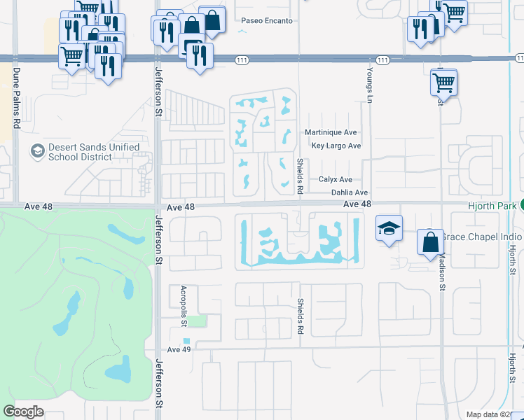 map of restaurants, bars, coffee shops, grocery stores, and more near 80501 Avenue 48 in Indio