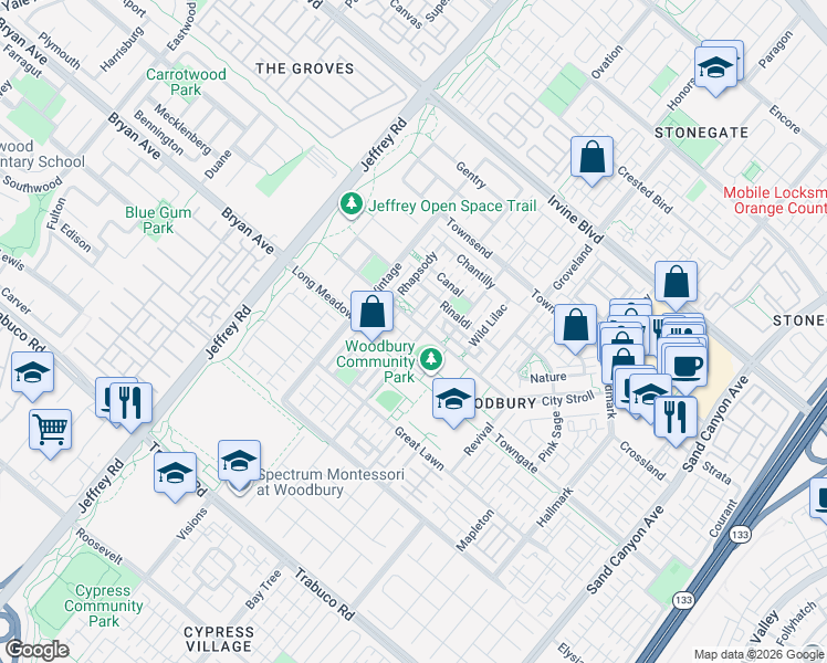 map of restaurants, bars, coffee shops, grocery stores, and more near 145 Sanctuary in Irvine