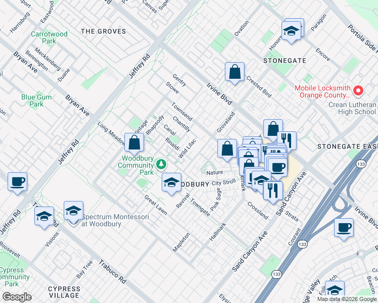 map of restaurants, bars, coffee shops, grocery stores, and more near 114 Rinaldi in Irvine