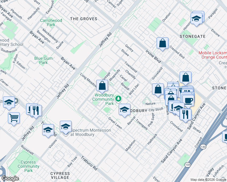 map of restaurants, bars, coffee shops, grocery stores, and more near 143 Sanctuary in Irvine