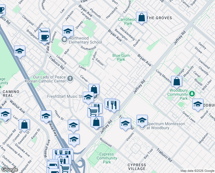 map of restaurants, bars, coffee shops, grocery stores, and more near 32 Grape Arbor in Irvine