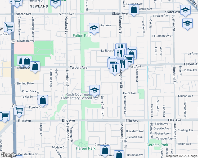 map of restaurants, bars, coffee shops, grocery stores, and more near 18159 Santa Cecilia in Fountain Valley