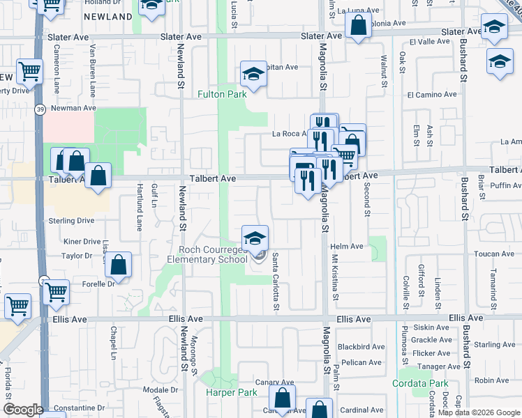 map of restaurants, bars, coffee shops, grocery stores, and more near 18159 Santa Cecilia in Fountain Valley