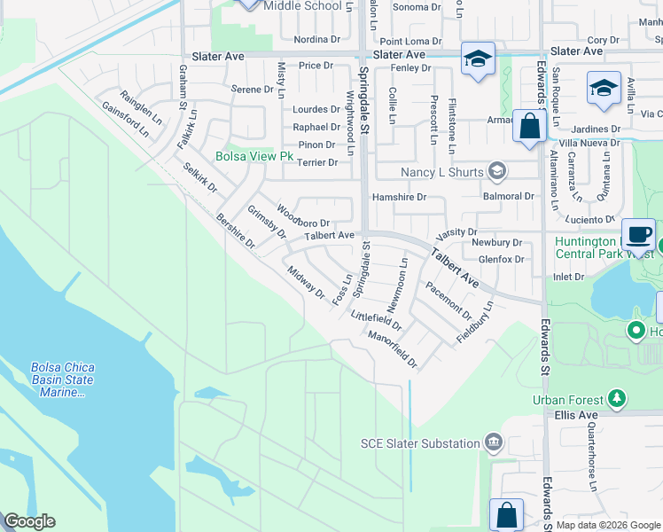 map of restaurants, bars, coffee shops, grocery stores, and more near 5851 Midway Drive in Huntington Beach