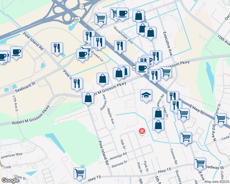 map of restaurants, bars, coffee shops, grocery stores, and more near 1681 Raven Street in Myrtle Beach