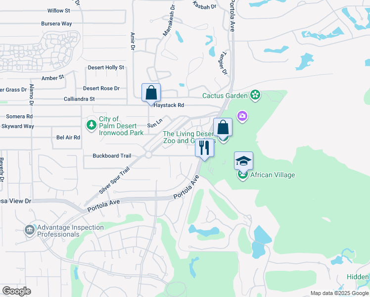 map of restaurants, bars, coffee shops, grocery stores, and more near 47973 Oasis Court in Palm Desert