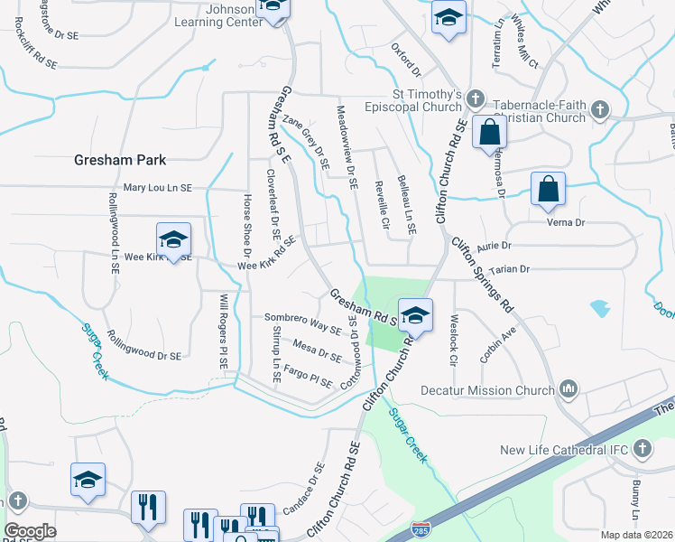 map of restaurants, bars, coffee shops, grocery stores, and more near 2053 Hallmark Court Southeast in Atlanta