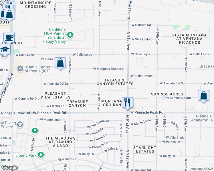 map of restaurants, bars, coffee shops, grocery stores, and more near 9212 West Camino De Oro in Peoria