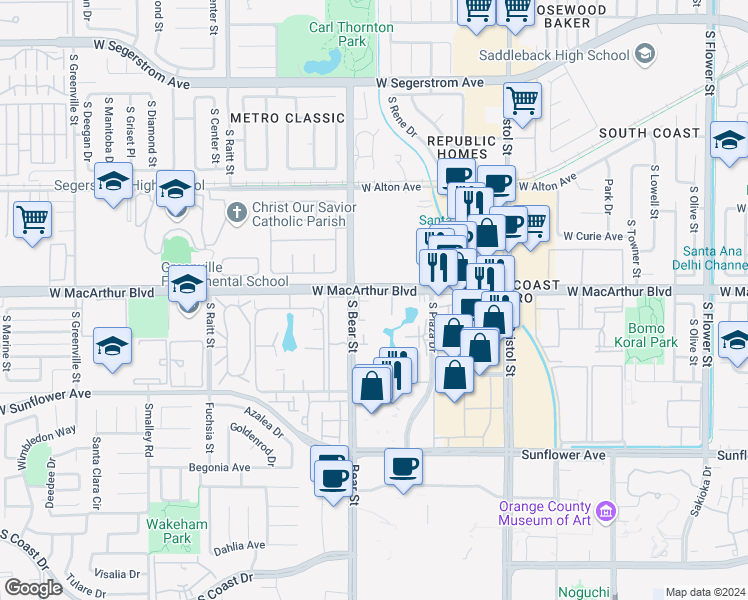 map of restaurants, bars, coffee shops, grocery stores, and more near 3611 South Bear Street in Santa Ana