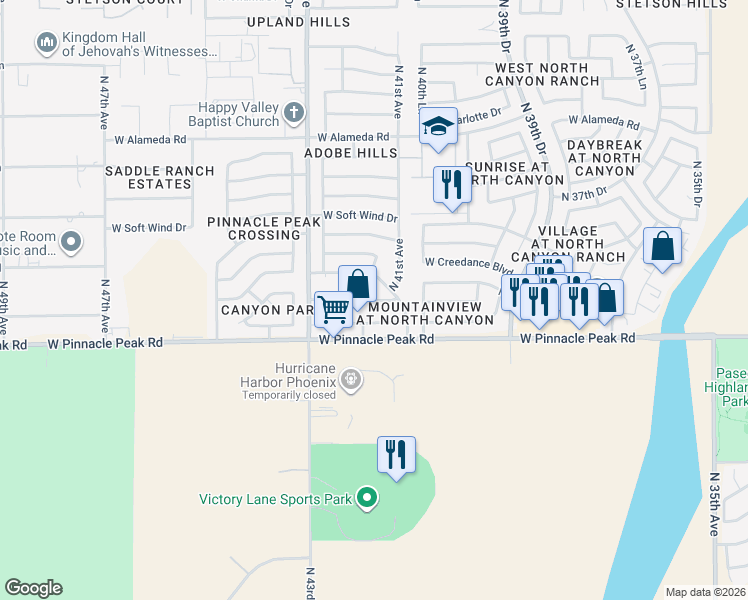 map of restaurants, bars, coffee shops, grocery stores, and more near 4131 West Camino Vivaz in Glendale