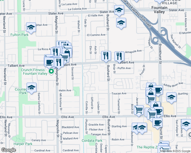 map of restaurants, bars, coffee shops, grocery stores, and more near 122 Hornbeam Lane in Fountain Valley