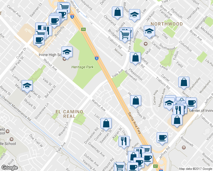 map of restaurants, bars, coffee shops, grocery stores, and more near 18 Denver in Irvine