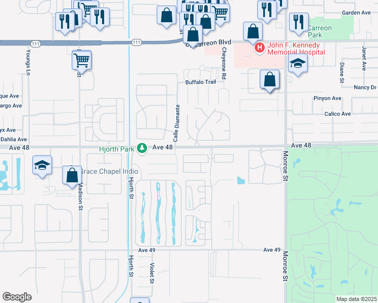 map of restaurants, bars, coffee shops, grocery stores, and more near 81641 Avenue 48 in Indio