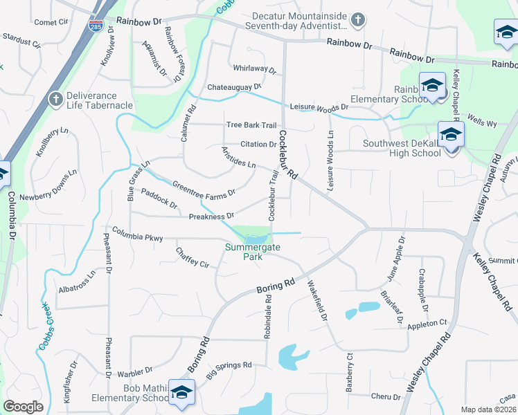 map of restaurants, bars, coffee shops, grocery stores, and more near 3741 Preakness Drive in Decatur