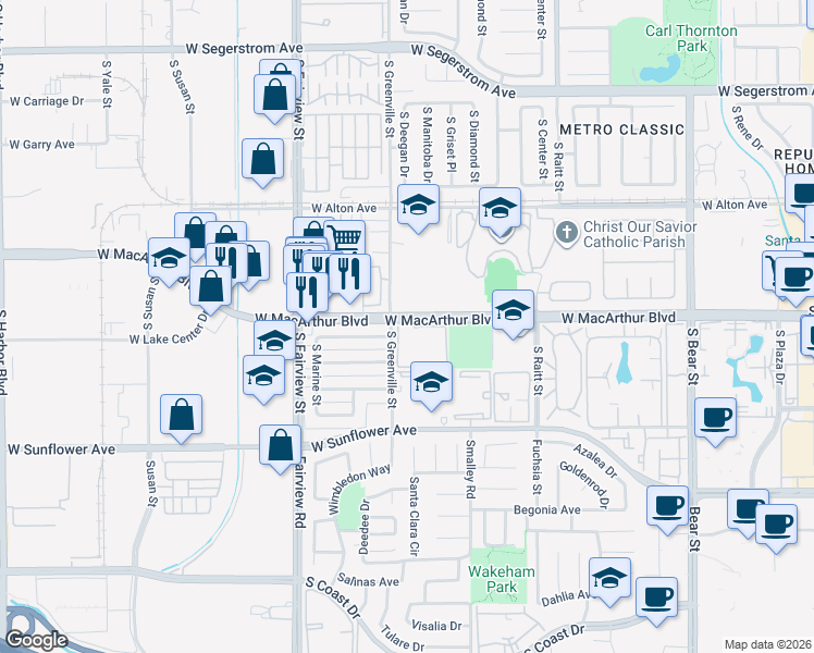 map of restaurants, bars, coffee shops, grocery stores, and more near 2542 West MacArthur Boulevard in Santa Ana
