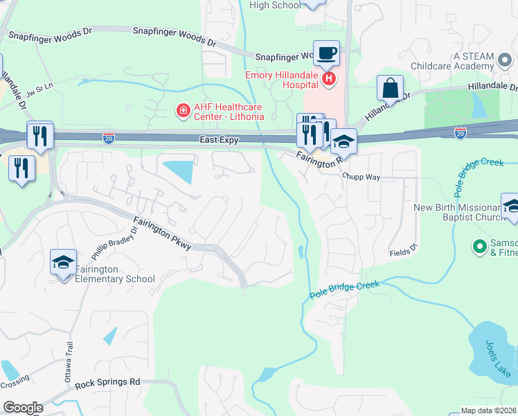 map of restaurants, bars, coffee shops, grocery stores, and more near 6101 Fairington Ridge Circle in Stonecrest