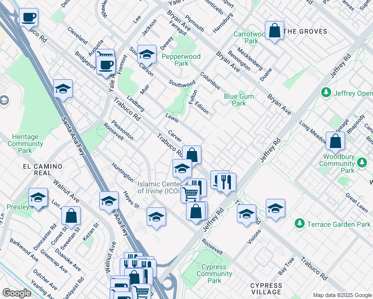 map of restaurants, bars, coffee shops, grocery stores, and more near 5200 Trabuco Road in Irvine