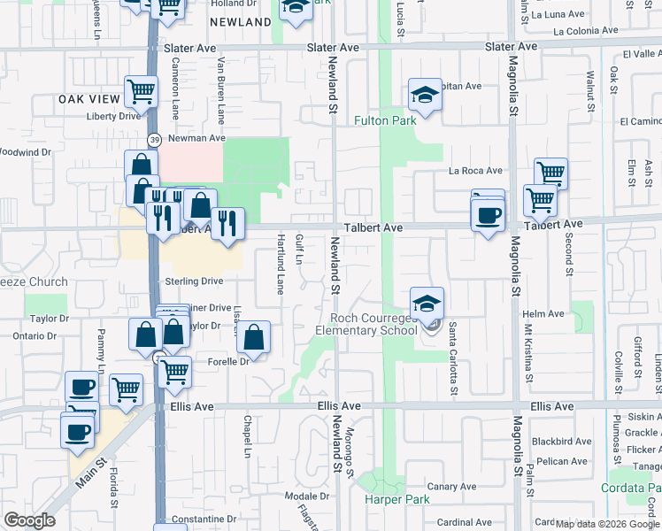 map of restaurants, bars, coffee shops, grocery stores, and more near 18091 Newland Street in Huntington Beach