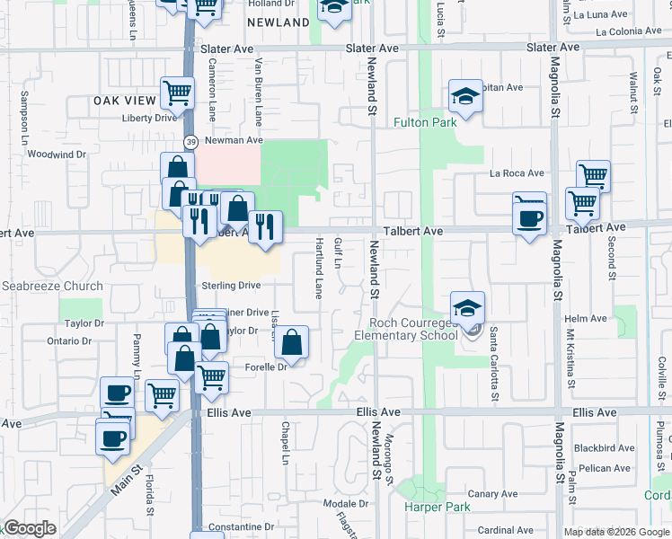 map of restaurants, bars, coffee shops, grocery stores, and more near 18091 Gulf Lane in Huntington Beach