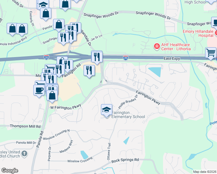 map of restaurants, bars, coffee shops, grocery stores, and more near 5545 Mayfair Crossing Drive in Stonecrest