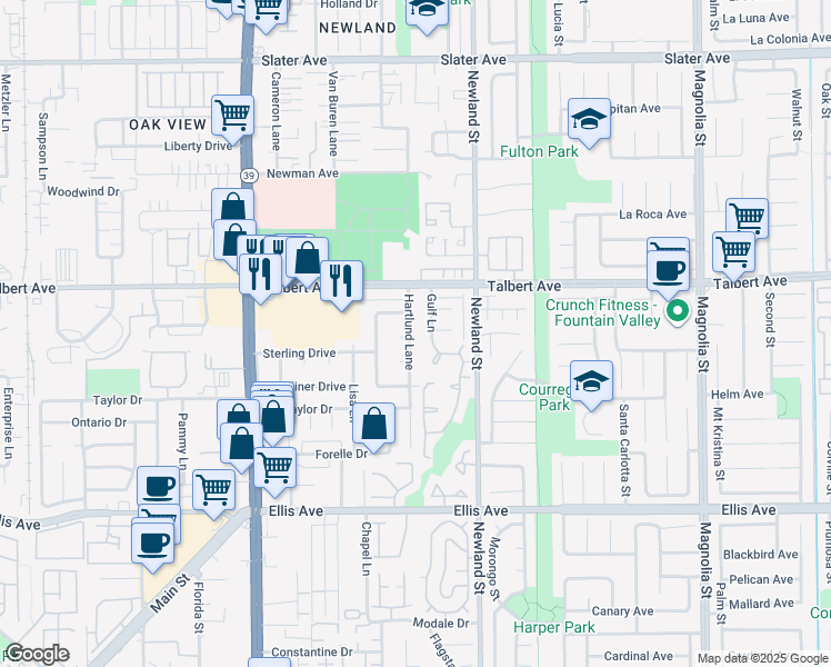 map of restaurants, bars, coffee shops, grocery stores, and more near 18102 Hartlund Lane in Huntington Beach