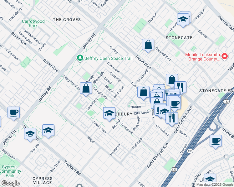 map of restaurants, bars, coffee shops, grocery stores, and more near 114 Rinaldi in Irvine