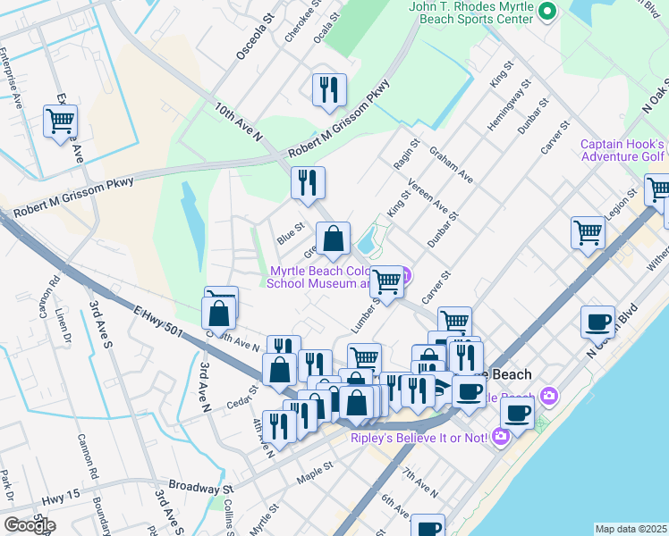 map of restaurants, bars, coffee shops, grocery stores, and more near 1203 Mr. Joe White Avenue in Myrtle Beach