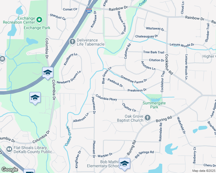 map of restaurants, bars, coffee shops, grocery stores, and more near 3603 Preakness Drive in Decatur