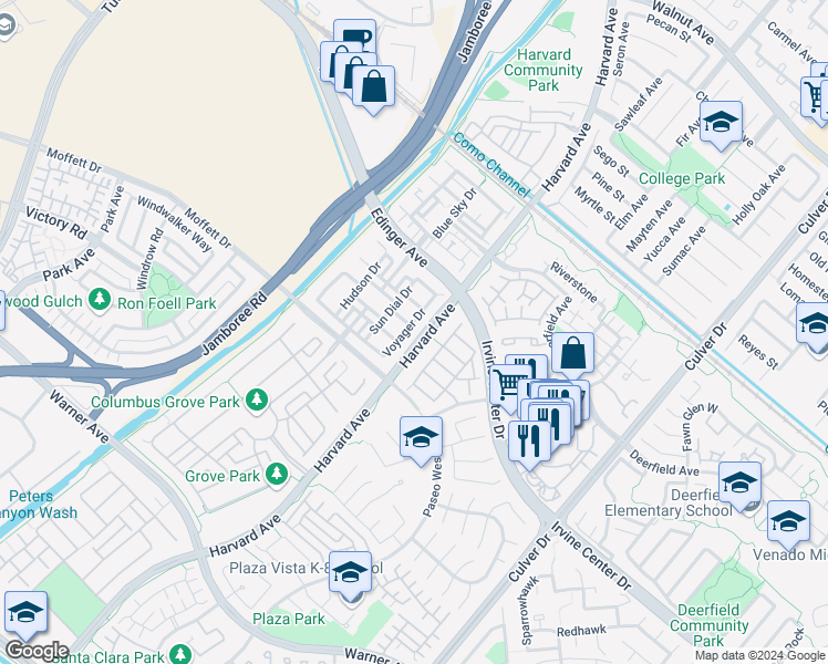 map of restaurants, bars, coffee shops, grocery stores, and more near 1488 Voyager Drive in Tustin