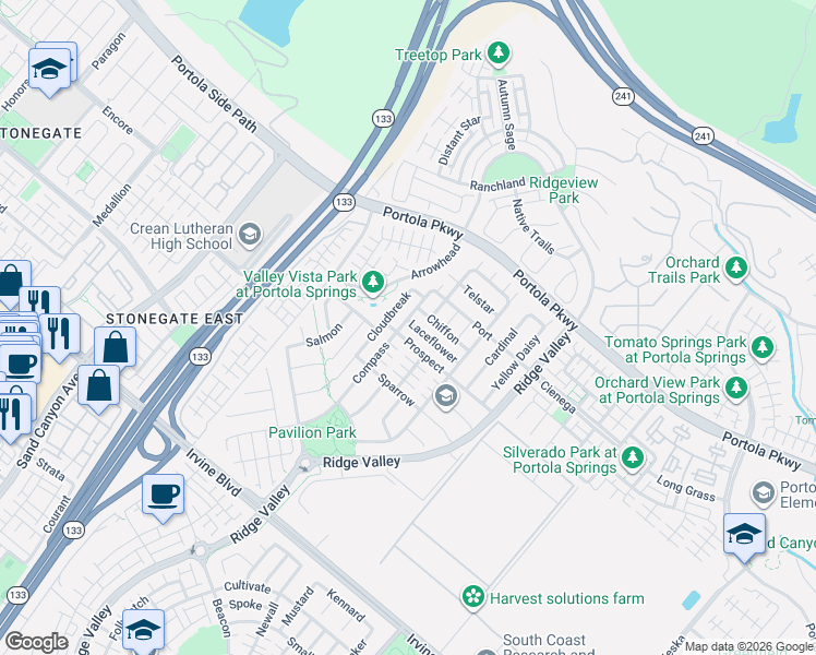 map of restaurants, bars, coffee shops, grocery stores, and more near 138 Compass in Irvine
