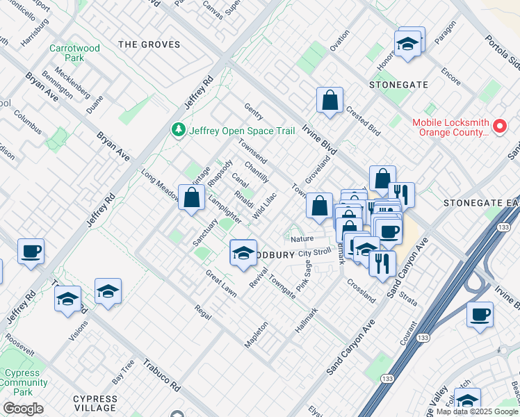 map of restaurants, bars, coffee shops, grocery stores, and more near 114 Rinaldi in Irvine