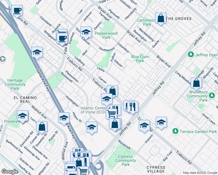 map of restaurants, bars, coffee shops, grocery stores, and more near 5200 Trabuco Road in Irvine